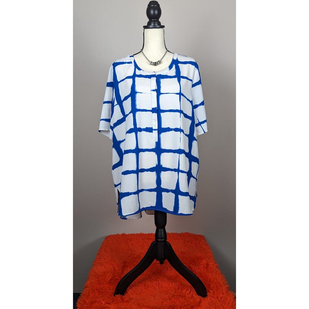 Adam Lippes Target White Blue Painterly Plaid Button Down Crepe Blouse Top XXL